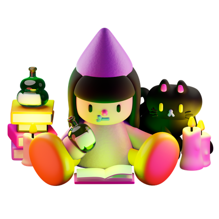 Witch With Cat Books Potions Candles  3D Illustration