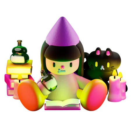 Witch With Cat Books Potions Candles  3D Illustration