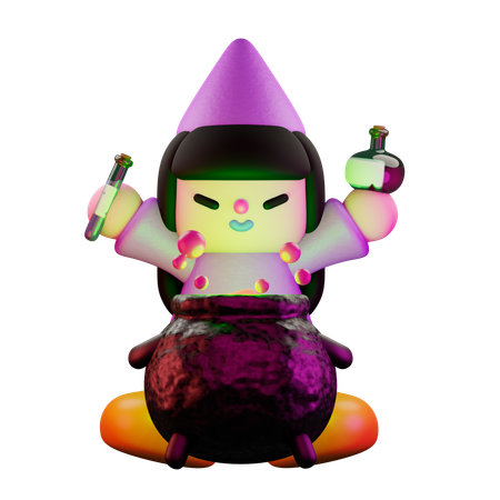 Witch With Potions And Cauldron  3D Illustration