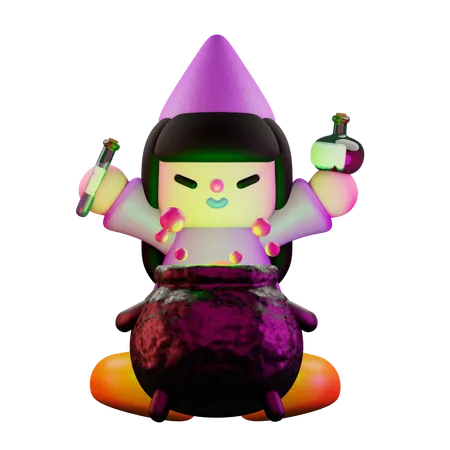 Witch With Potions And Cauldron  3D Illustration