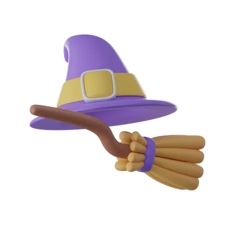 Witches Hat And Broom  3D Icon
