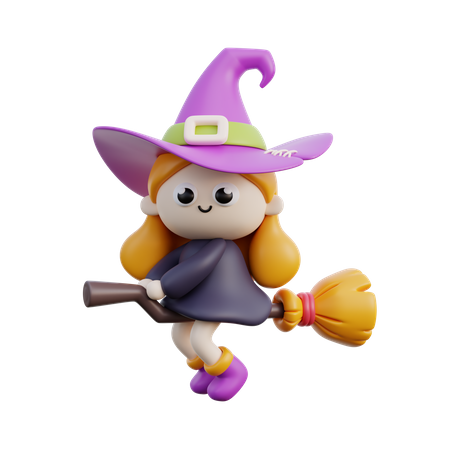 With girl flying on broom stick  3D Icon