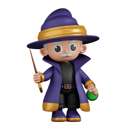 Wizard Holding His Little Stick and Potion  3D Illustration