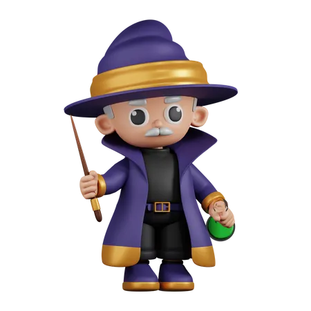 Wizard Holding His Little Stick and Potion  3D Illustration