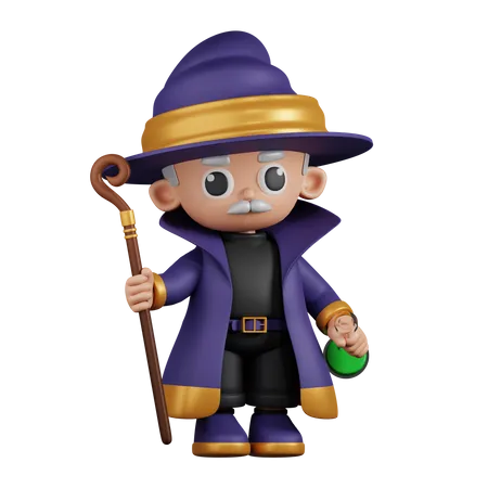 Wizard Holding His Stick and Potion  3D Illustration