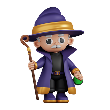 Wizard Holding His Stick and Potion  3D Illustration