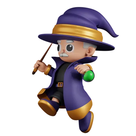 Wizard Jumping  3D Illustration