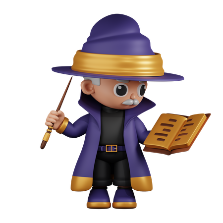 Wizard Reading A Spellbook While Holding Little Stick  3D Illustration