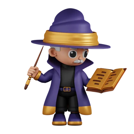Wizard Reading A Spellbook While Holding Little Stick  3D Illustration