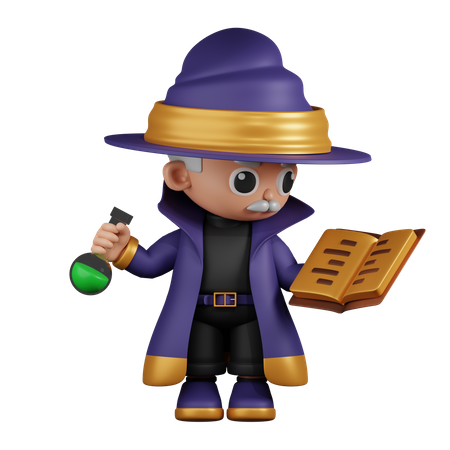 Wizard Reading A Spellbook While Holding Potion  3D Illustration