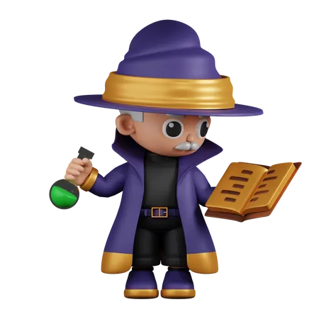 Wizard Reading A Spellbook While Holding Potion  3D Illustration