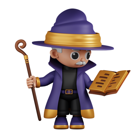 Wizard Reading A Spellbook While Holding Stick  3D Illustration