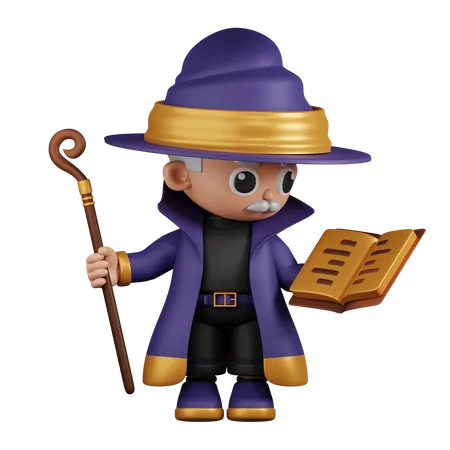 Wizard Reading A Spellbook While Holding Stick  3D Illustration