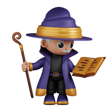 Wizard Reading A Spellbook While Holding Stick  3D Illustration