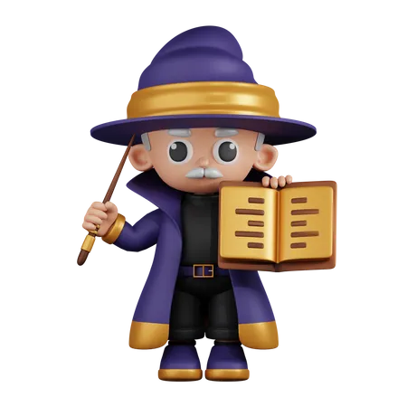 Wizard Showing Spellbook while Holding Little Stick  3D Illustration