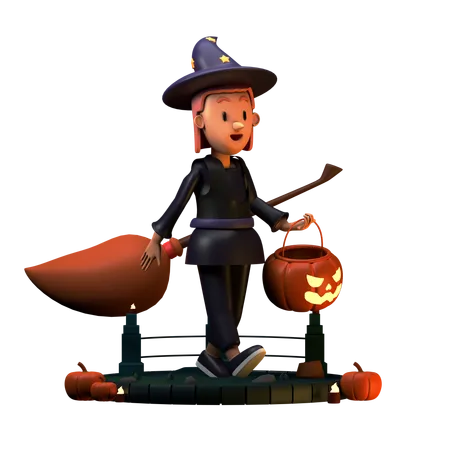 Wizard Walking With Pumpkin  3D Illustration