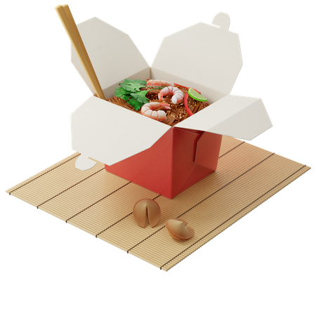 Macarrão Wok em uma caixa vermelha com camarões  3D Illustration