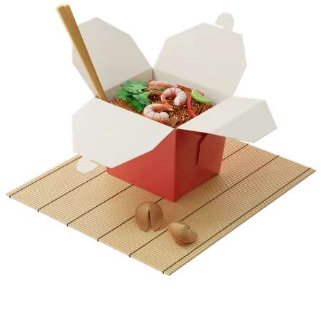 Macarrao Wok 3 D Em Uma Caixa Vermelha Com Camaroes Em Uma Esteira De Bambu Ao Lado De Biscoitos Da Sorte 3D Illustration