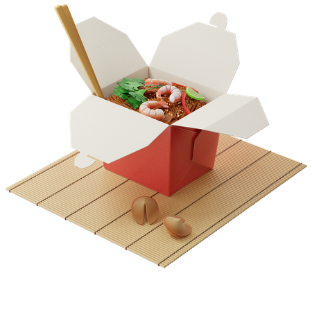 Wok noodles in a red box with shrimps  3D Illustration