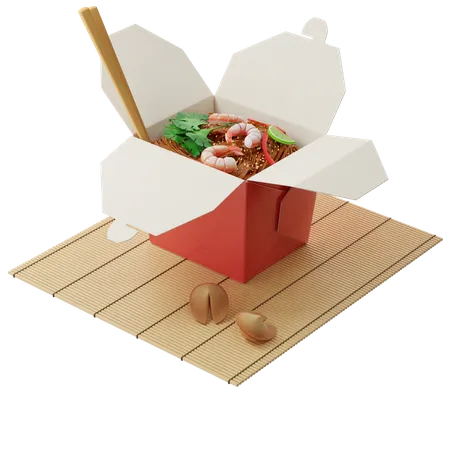 Wok noodles in a red box with shrimps  3D Illustration