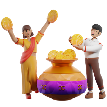 Woman And Man Brings Coins For Dhanteras  3D Illustration