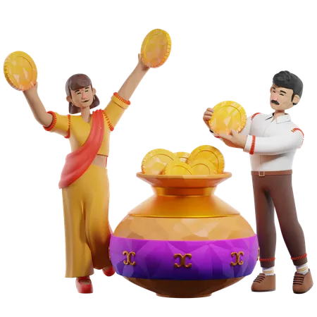 Woman And Man Brings Coins For Dhanteras  3D Illustration