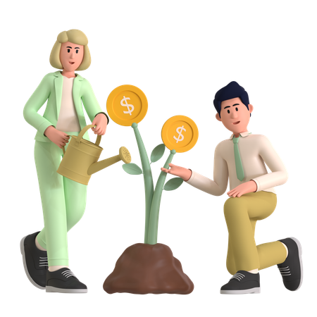 Woman And Man Getting Investment Growth  3D Illustration
