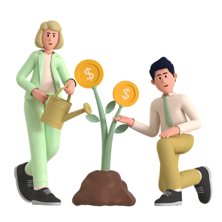 Woman And Man Getting Investment Growth  3D Illustration