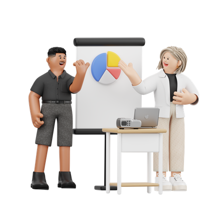 Woman And Man Giving Business Presentation With Pie Chart  3D Icon