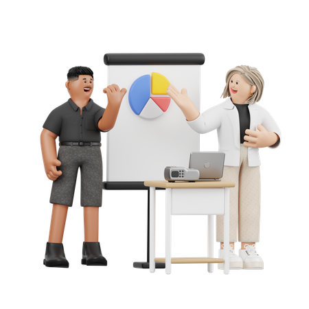 Woman And Man Giving Business Presentation With Pie Chart  3D Illustration