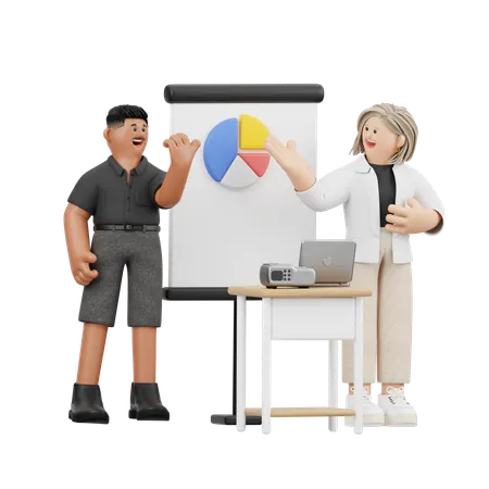 Woman And Man Giving Business Presentation With Pie Chart  3D Illustration