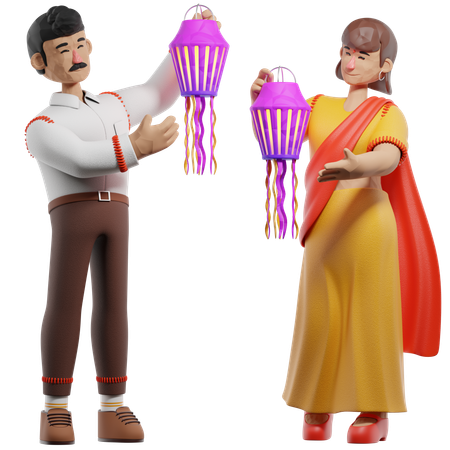 Woman And Man Installing Lantern  3D Icon