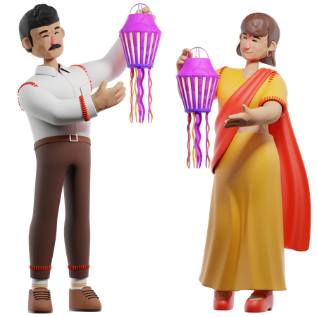 Woman And Man Installing Lantern  3D Illustration