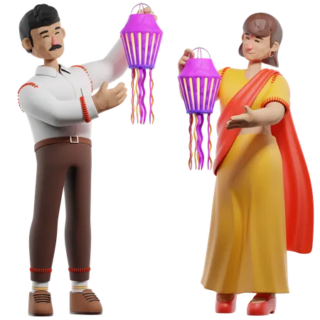 Woman And Man Installing Lantern  3D Illustration