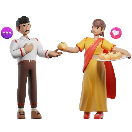 Woman And Man Sharing Food  3D Illustration