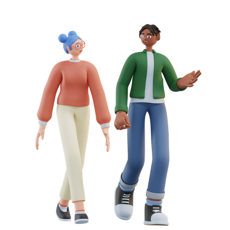 Woman and man talking while walking 3D Illustration