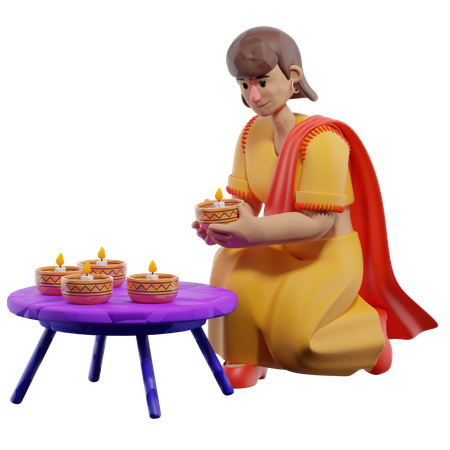 Woman Arranging Diyas  3D Icon