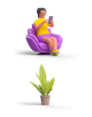 Woman at home using phone 3D Illustration