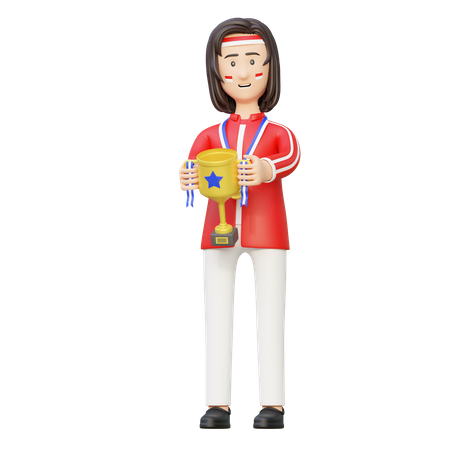 Woman athlete champion holding winner trophy  3D Illustration