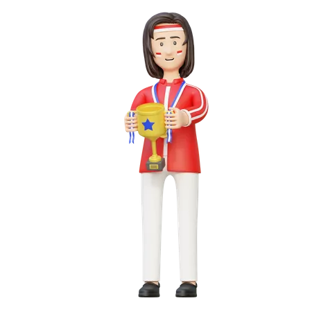 Woman athlete champion holding winner trophy  3D Illustration