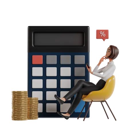 Illustration Of A Woman Sitting On A Yellow Chair In Front Of A Calculator Thinking About The Percentage Return On Investment 3D Illustration