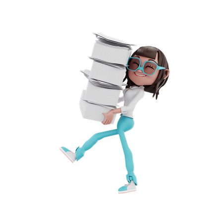Woman carry lots of files 3D Illustration