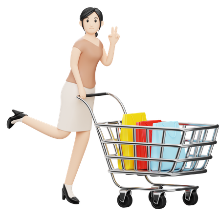 Woman Carrying Bags In Cart  3D Illustration