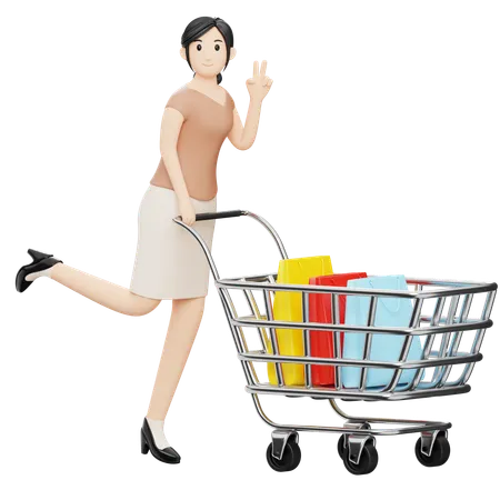 Woman Carrying Bags In Cart  3D Illustration