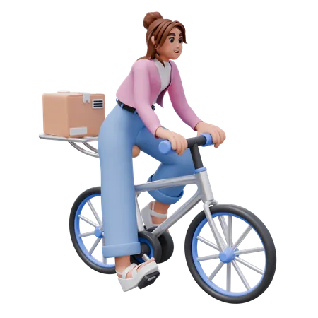 Woman Carrying Box On Bicycle  3D Illustration