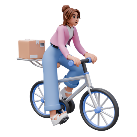 Woman Carrying Box On Bicycle  3D Illustration