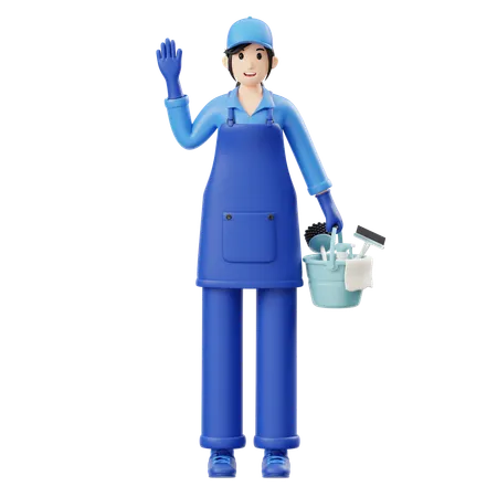 Woman Carrying Cleaning Tools  3D Illustration