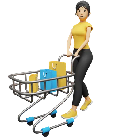 Woman carrying shopping cart  3D Illustration