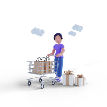 Woman carrying trolley after shopping 3D Illustration