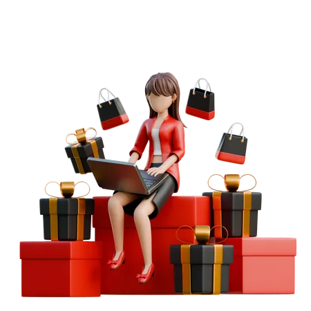 Woman Checking Discounts On Laptop  3D Illustration